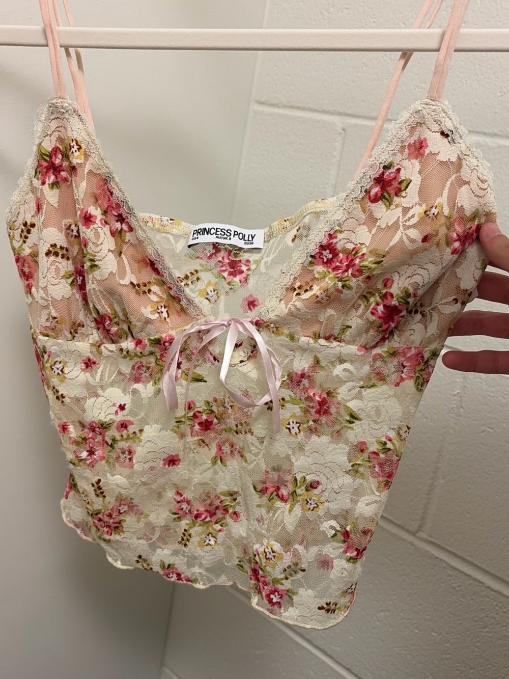 Princess Polly Cream Floral Lace Cami with Pink Accents